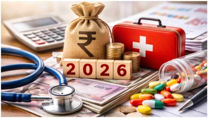 Healthcare budget 2026 concept showing medical expenses and financial planning in India