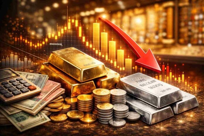 Gold and silver price today in India showing gold bars, coins, and jewelry