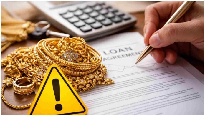 Gold loan agreement signing with gold jewelry showing financial risk