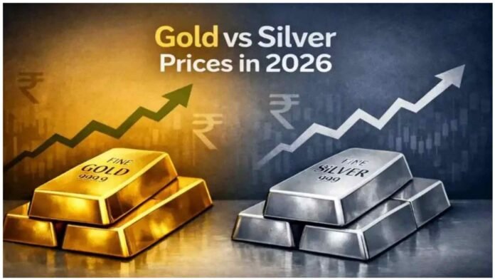Gold and silver price forecast 2026 showing rising gold bars and silver bars with upward market trend