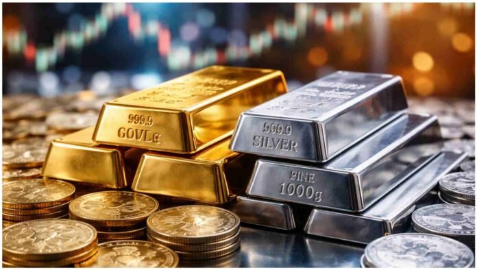 Gold and silver bars representing record surge in precious metal prices after US inflation data