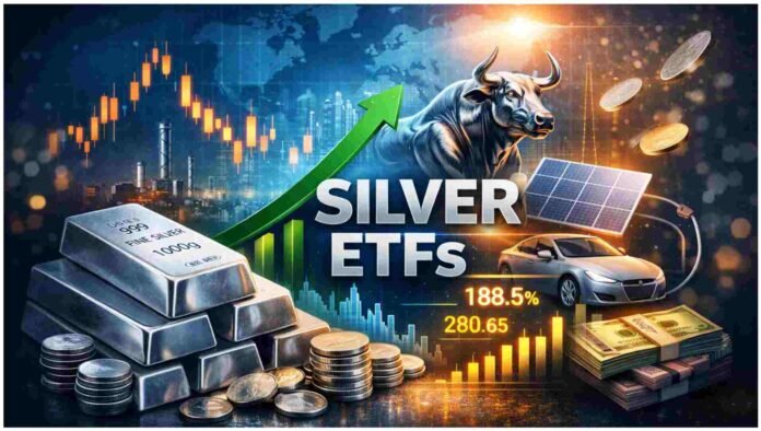 Silver ETFs investment growth with rising market chart and silver bars
