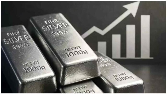 Silver bars with upward price chart showing record 2026 forecast