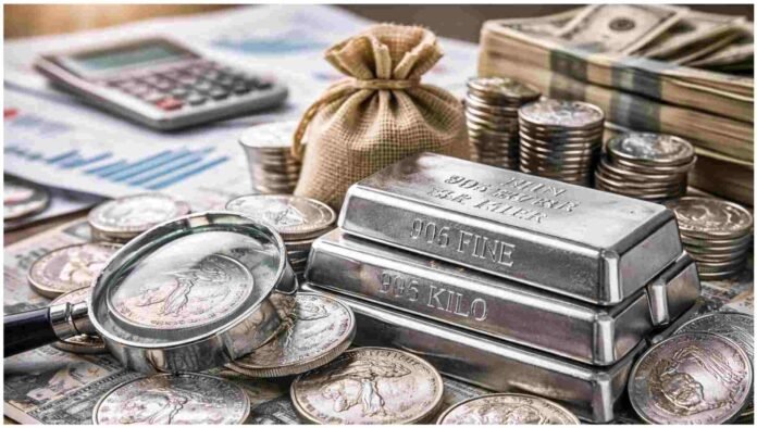 silver-price-market-2026.jpg Close-up of silver bars, coins, and financial charts representing silver market trends