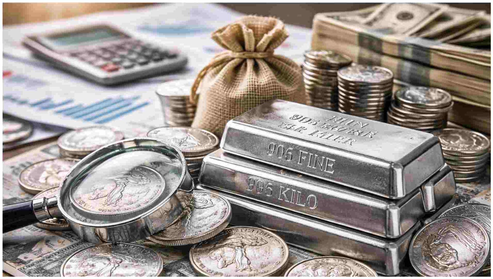 Close-up of silver bars, coins, and financial charts representing silver market trends