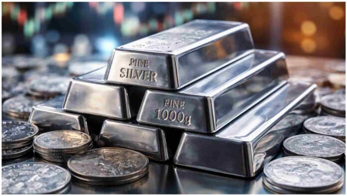 stack of pure silver bars with blurred market background
