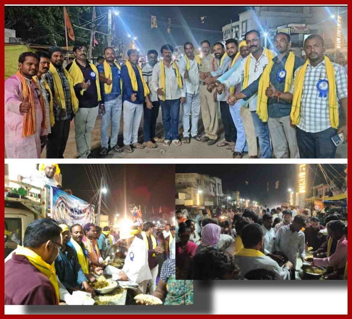 Ichoda Press Club members distributing Pulihora to devotees during Ganesh Nimajjanam at Shivaji Chowk.